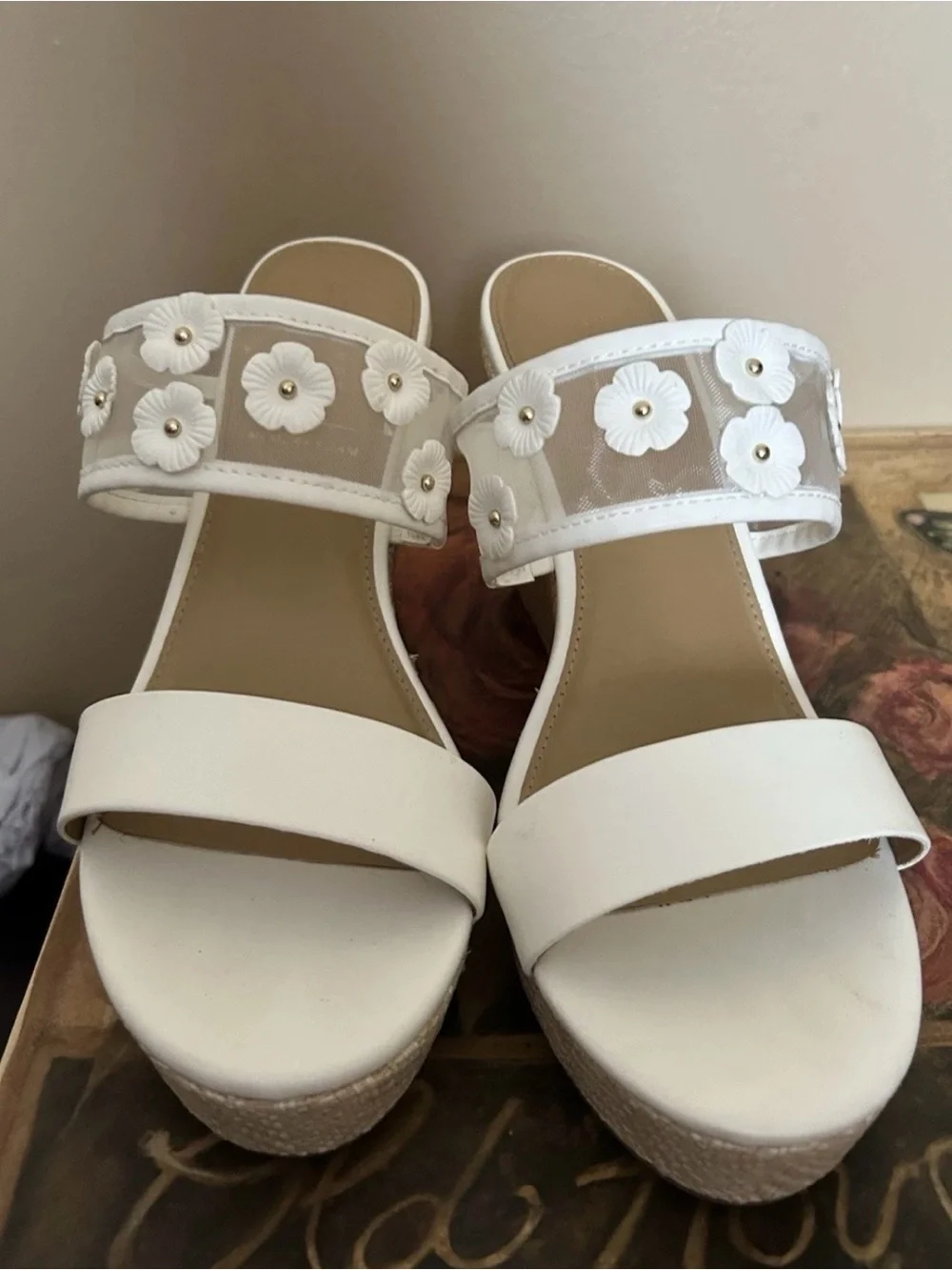 White Floral Mesh Espadrille Wedge Sandals